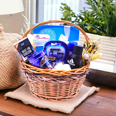 Ultimate Grooming and Treats Basket, Adidas Deo Spray, Gillette Shave Foam, Mixed Dates, Wooden Basket